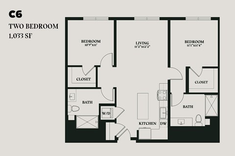 Floor plan for 2 beds, 2 baths, 1033 sqft